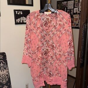 Rewind Pink Floral Lace Trim Kimono